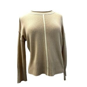 Alashan Cashmere Pullover Sweater Tan Ecru Contrast Roll Edge Neck SZ S